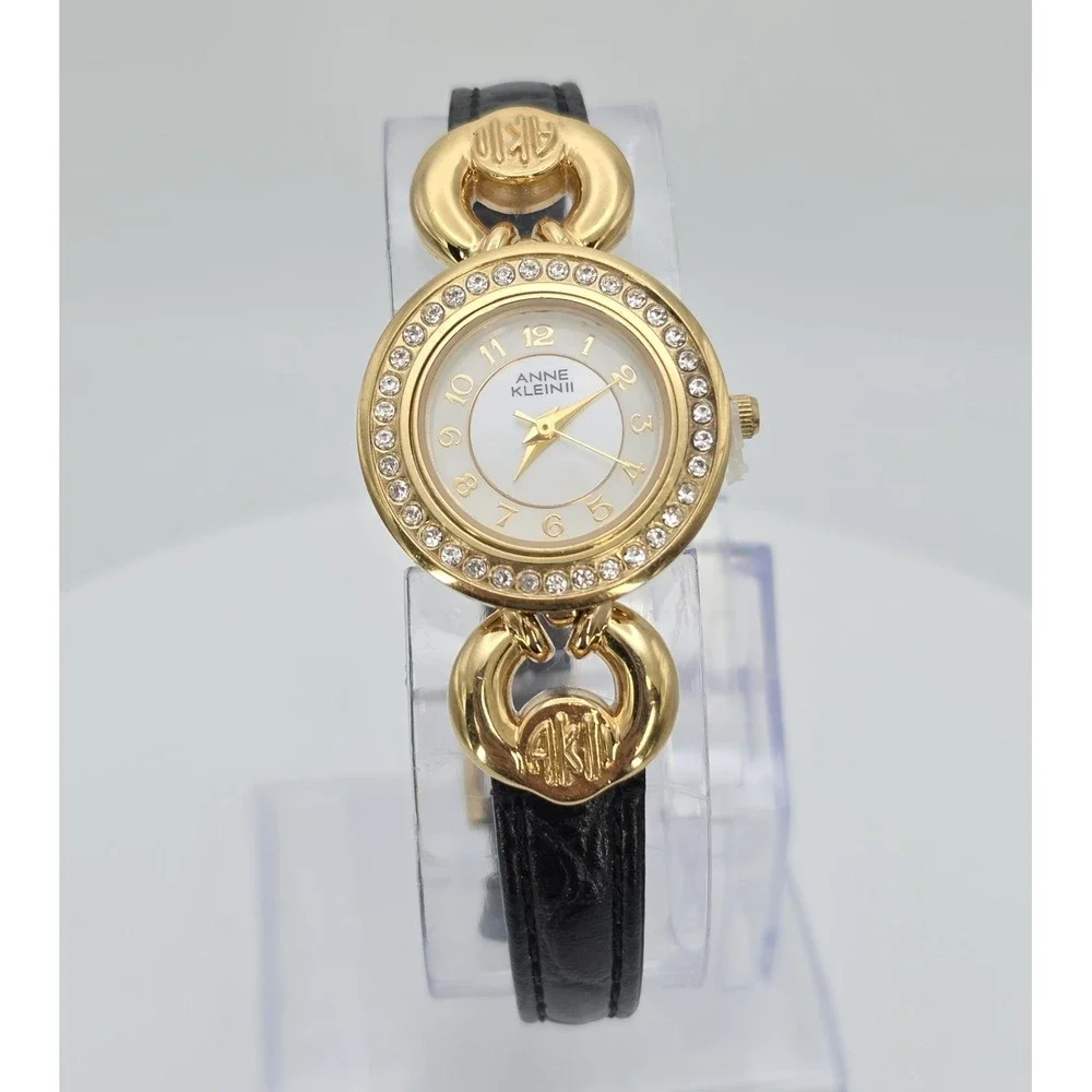 Vtg ANNE KLEIN II Ladie's Watch Women's Crystal Studded Gold Plate Leather 7.25